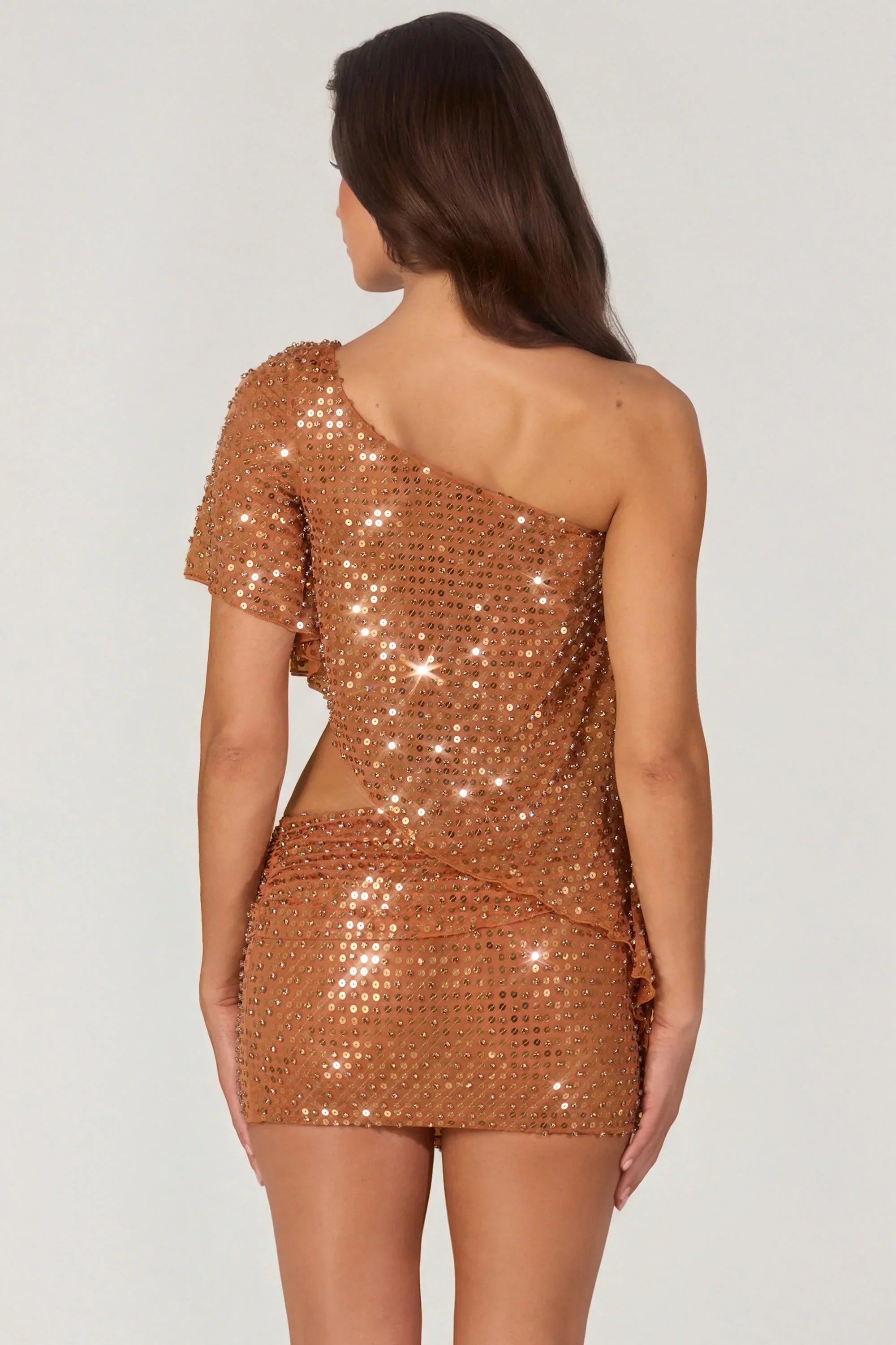 Embellished One Shoulder Asymmetric Top in Bronze