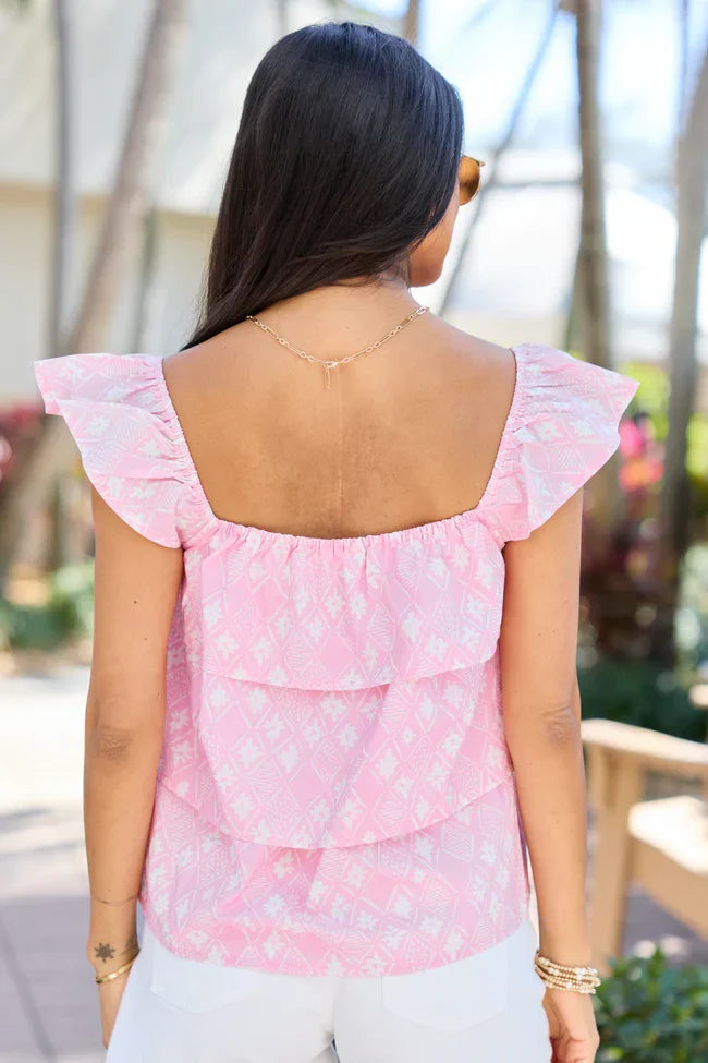 Wonderful Wildflowers Pink Print Button Front Tiered Tank