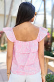 Wonderful Wildflowers Pink Print Button Front Tiered Tank