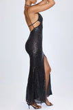 Embellished Cut Out Halterneck Maxi Dress in Black