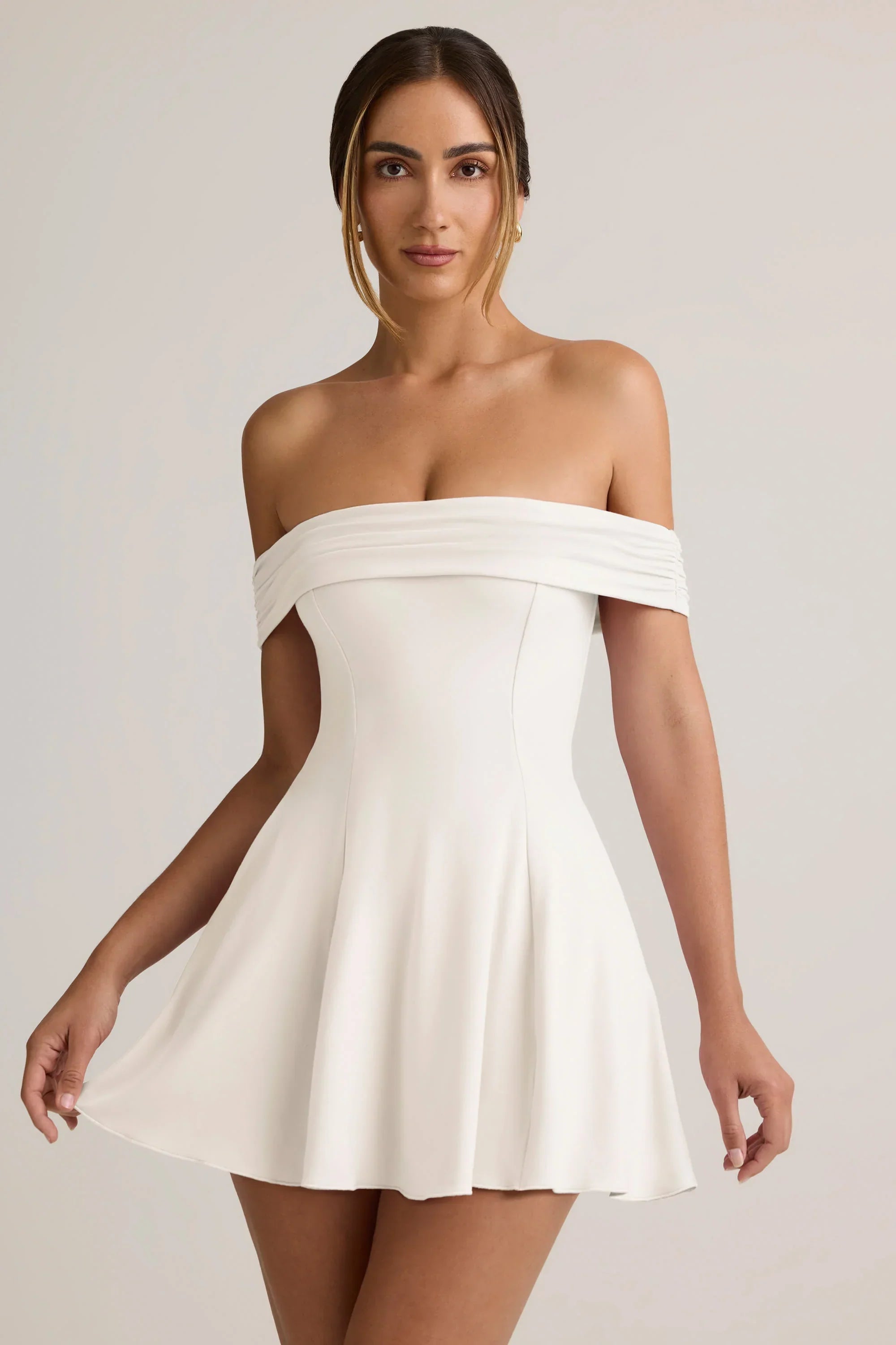 Modal Off Shoulder A Line Mini Dress in White