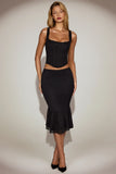 Lace Mid Rise Fluted Midi Skirt in Black
