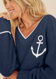 Anchor V Neck Sweater Navy White