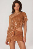 Embellished One Shoulder Asymmetric Top in Bronze