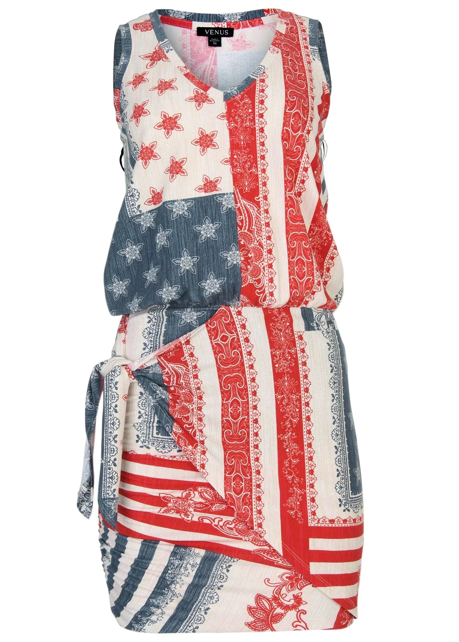 V Neck Side Wrap Mini Dress Americana Patchwork Stripe
