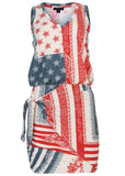 V Neck Side Wrap Mini Dress Americana Patchwork Stripe
