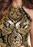 Embroidered Sequin Mini Dress Black Gold
