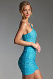 Embellished One Shoulder Mini Dress in Aqua Blue