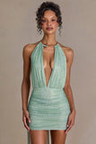 Embellished Open Back Mini Dress in Sage Green