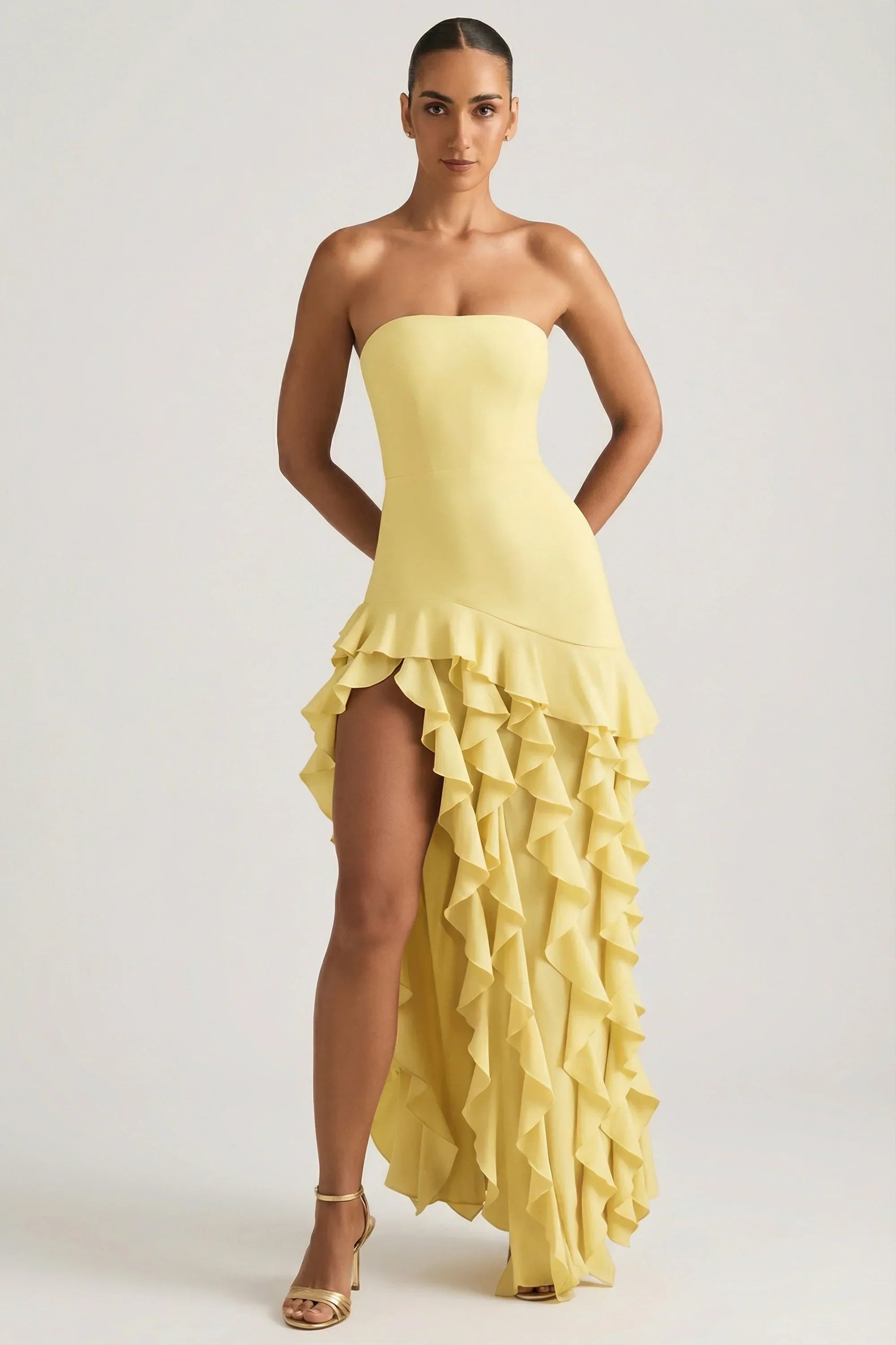 Ruffle Trim Strapless Gown in Pastel Yellow