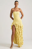 Ruffle Trim Strapless Gown in Pastel Yellow