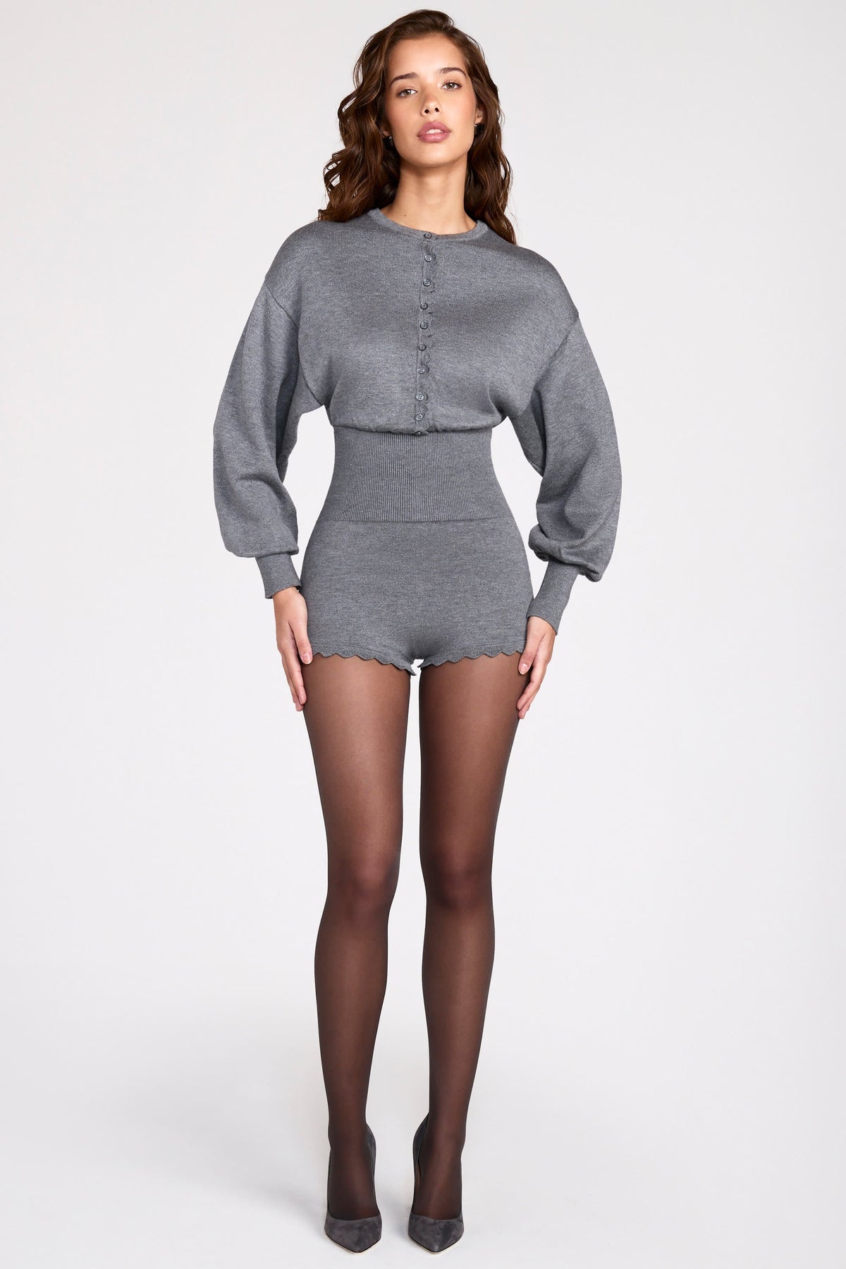 Fine Knit Long Sleeve Romper in Grey