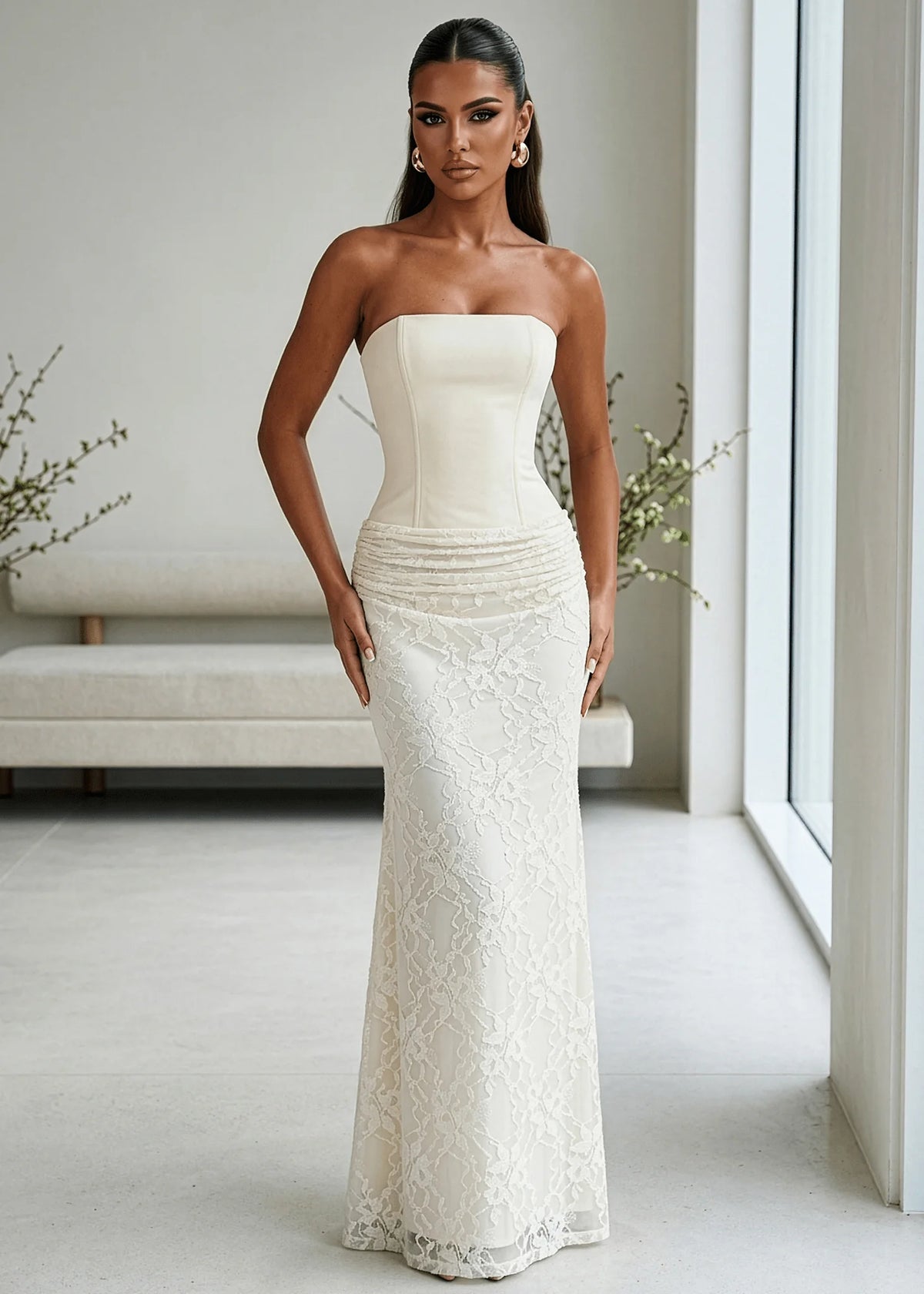 Delicate Desire Corset Lace Maxi Dress Ivory