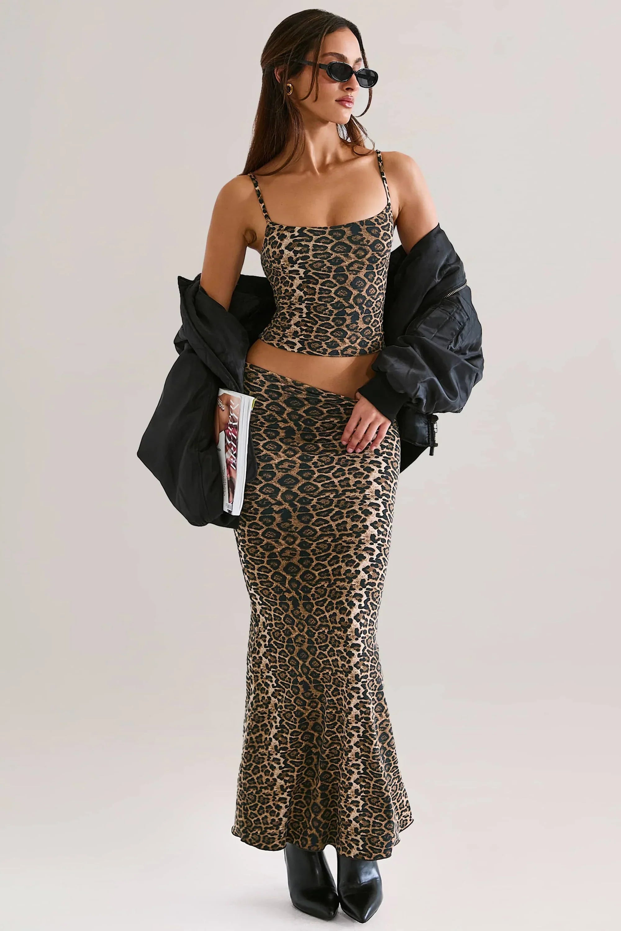 Modal Mid Rise Fishtail Maxi Skirt in Leopard Print