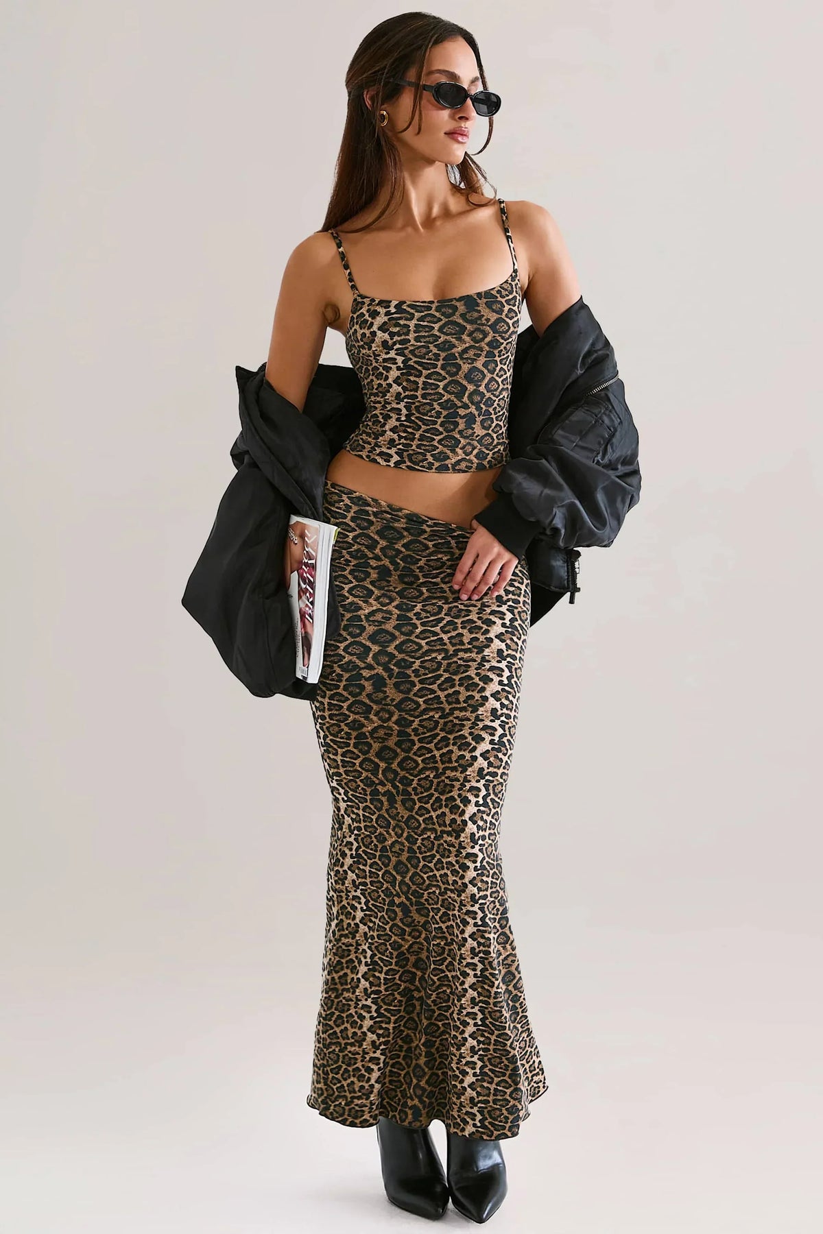 Modal Mid Rise Fishtail Maxi Skirt in Leopard Print