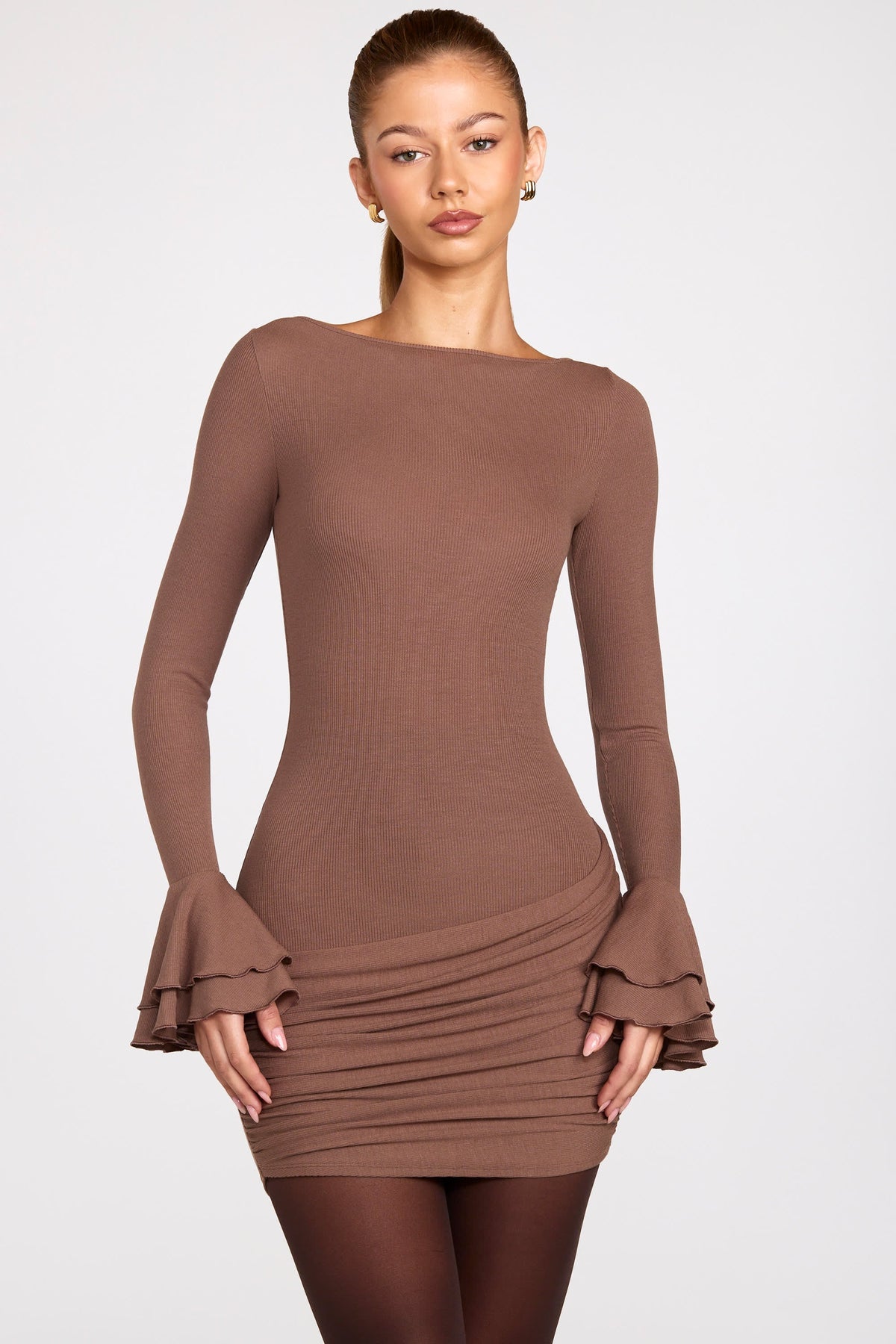 Ribbed Modal Long Sleeve Draped Mini Dress in Mocha