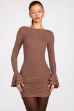 Ribbed Modal Long Sleeve Draped Mini Dress in Mocha