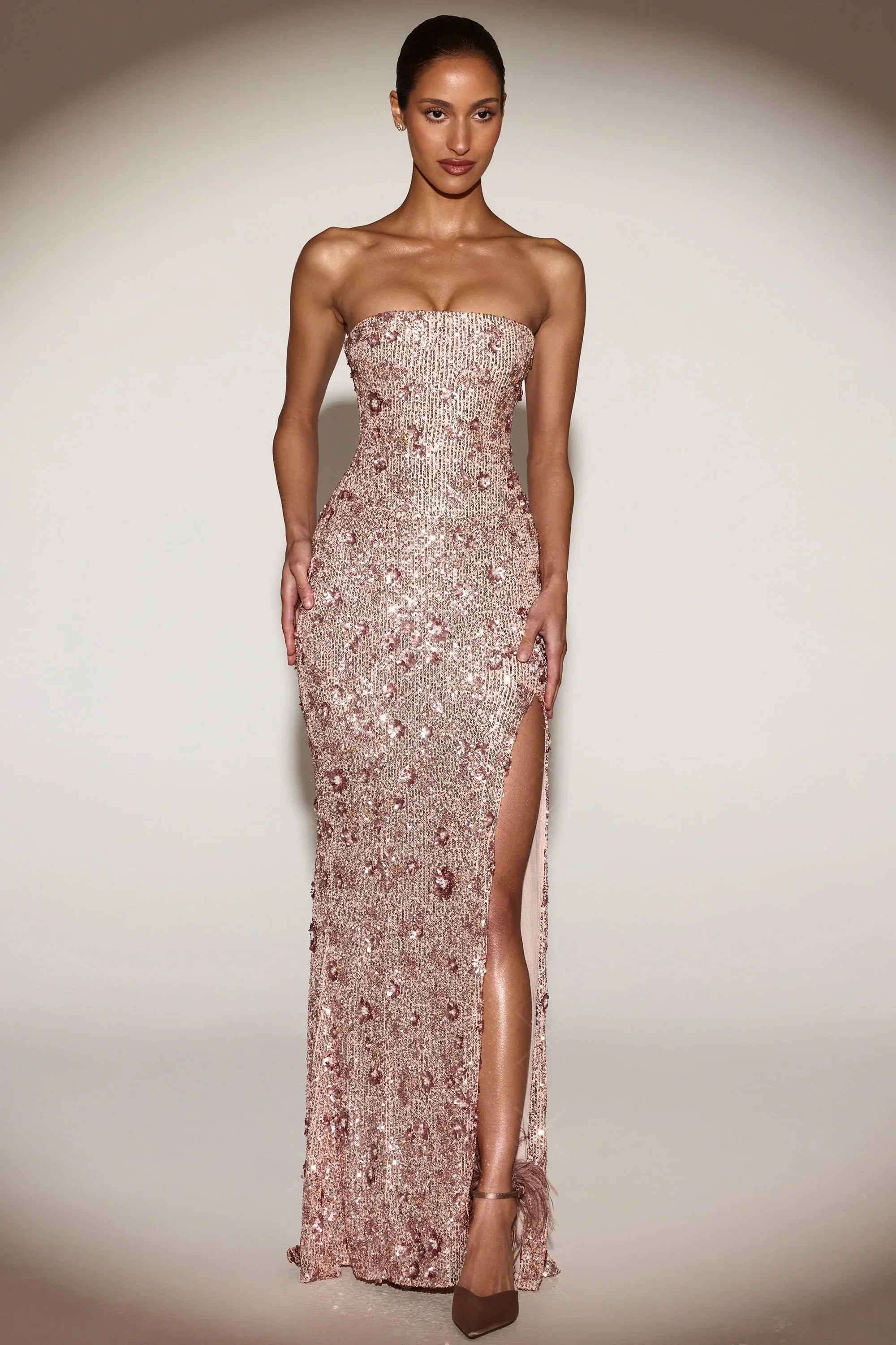 Embellished Bandeau Neck Strapless Gown in Rose Gold