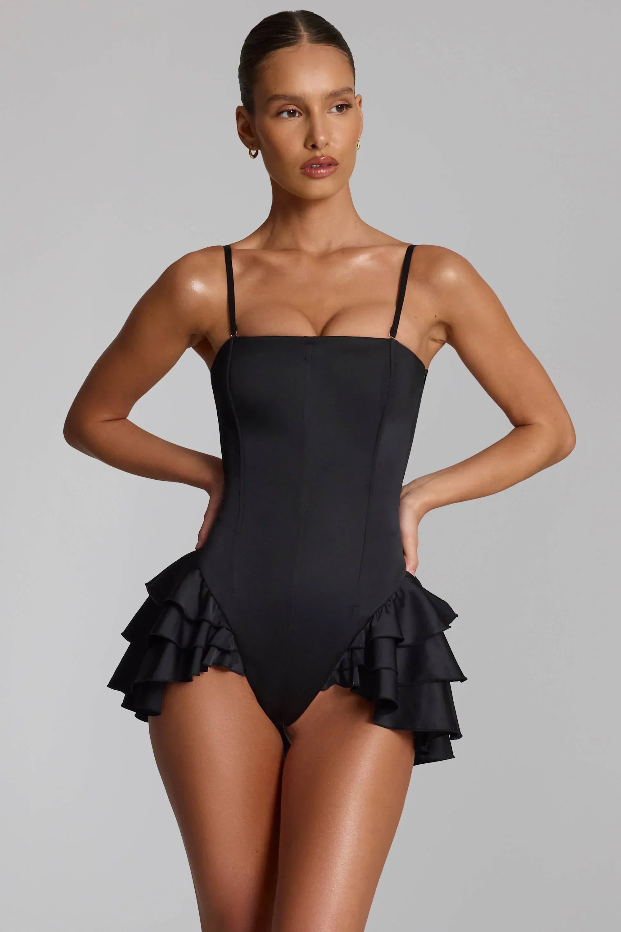 Ruffled Lace Up Corset Playsuit in Black