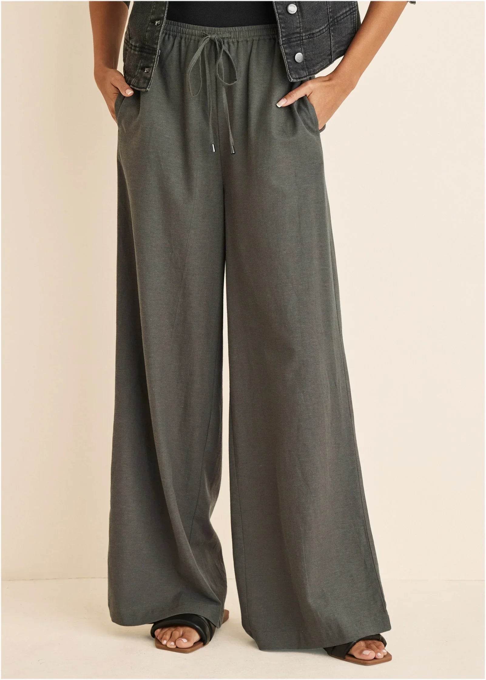 Linen Wide Leg Pants Olive
