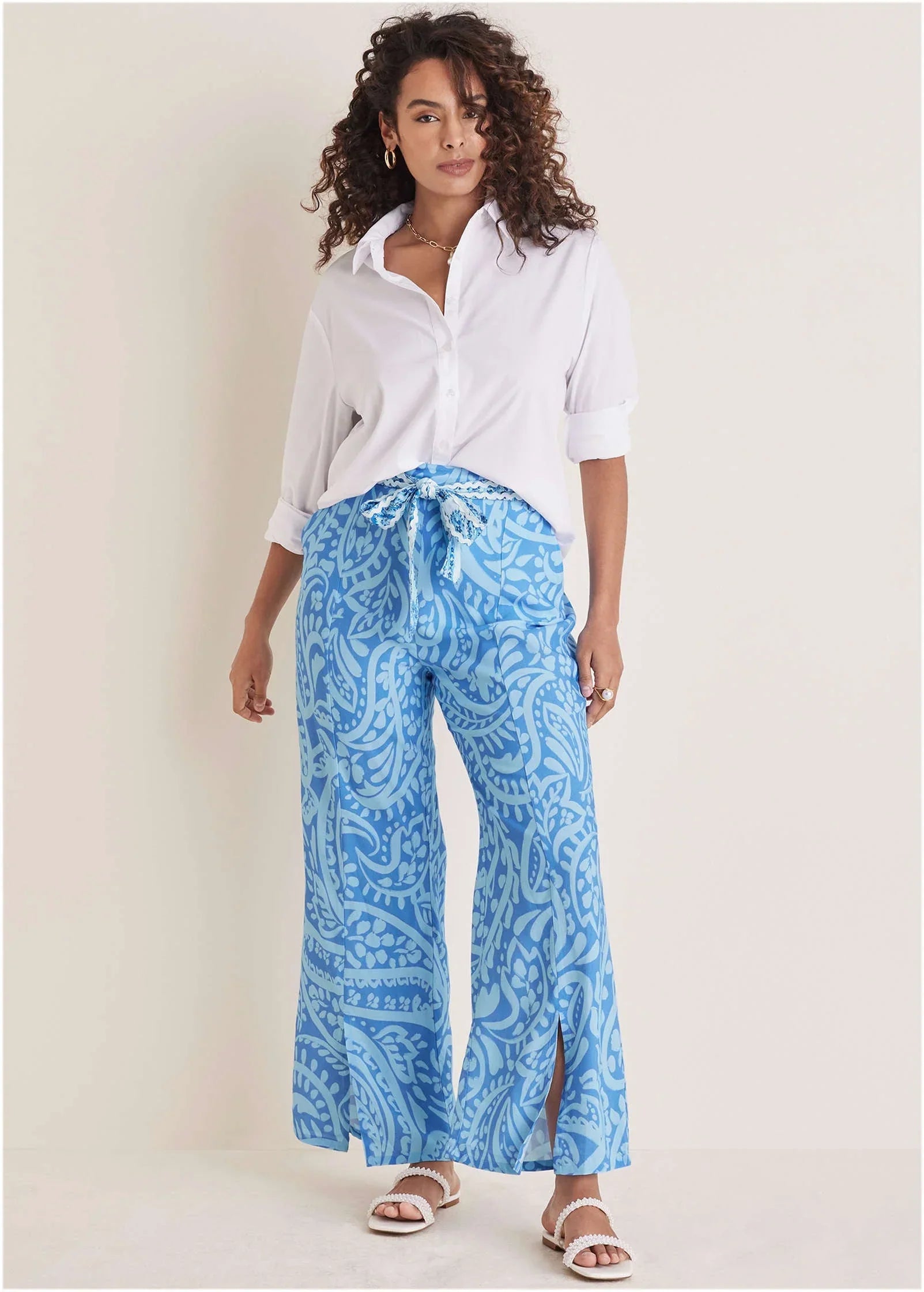 Front Slit Printed Pant Blue Allover Spring Paisley