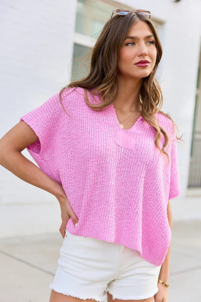 Alana Pink Open Knit Short Sleeve Sweater