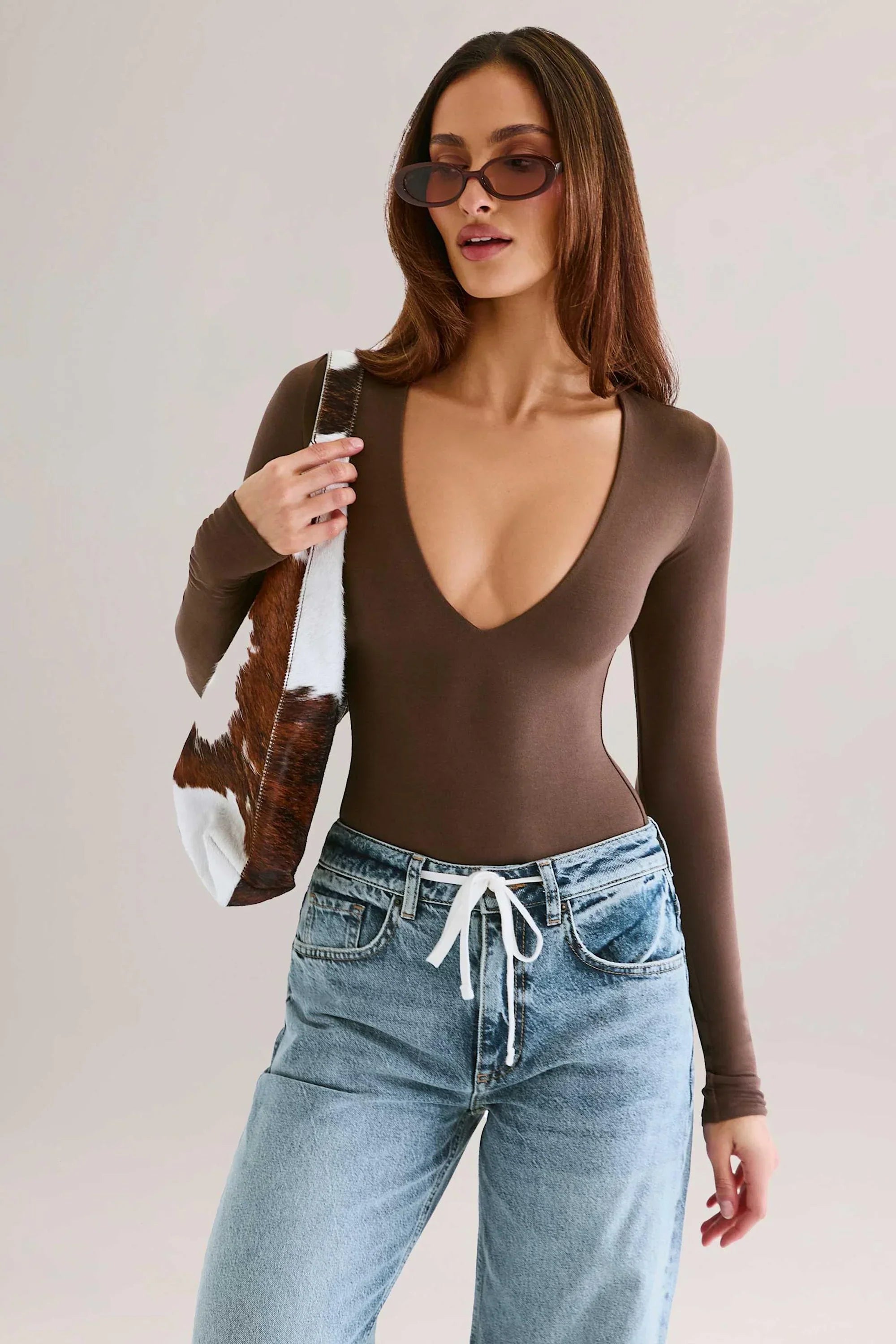 Modal Plunge Long Sleeve Bodysuit in Chocolate Brown