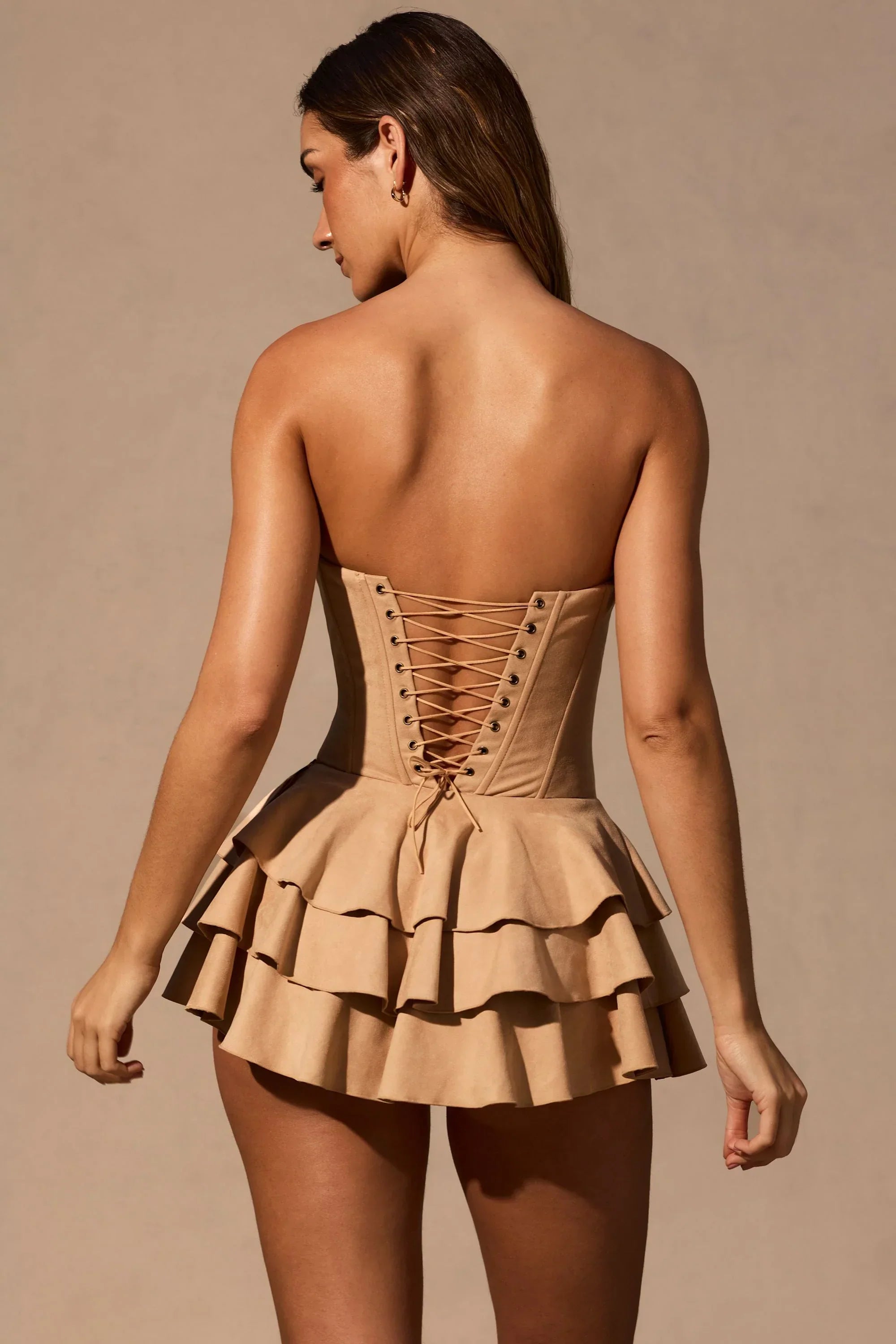 Ruffled Lace Up Corset Playsuit in Tan