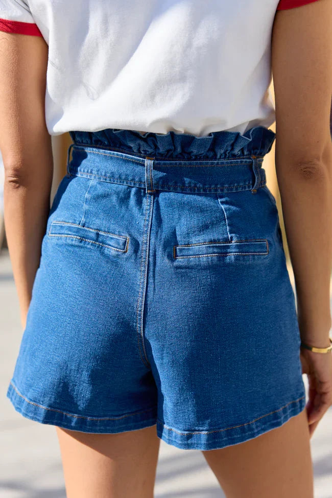 Whats New Dark Wash Paperbag Waist Belted Denim Shorts