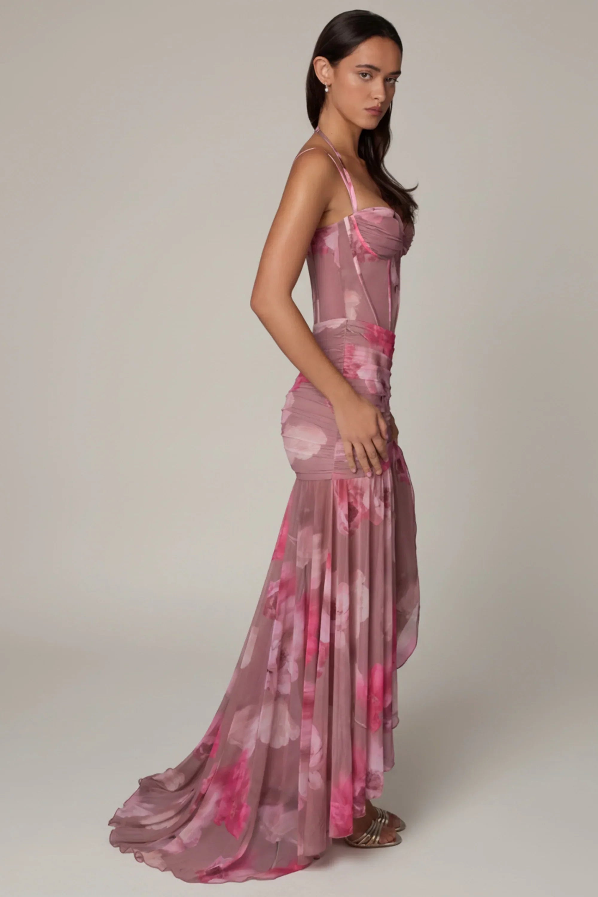 Ruched Asymmetric Corset Gown in Blurred Floral