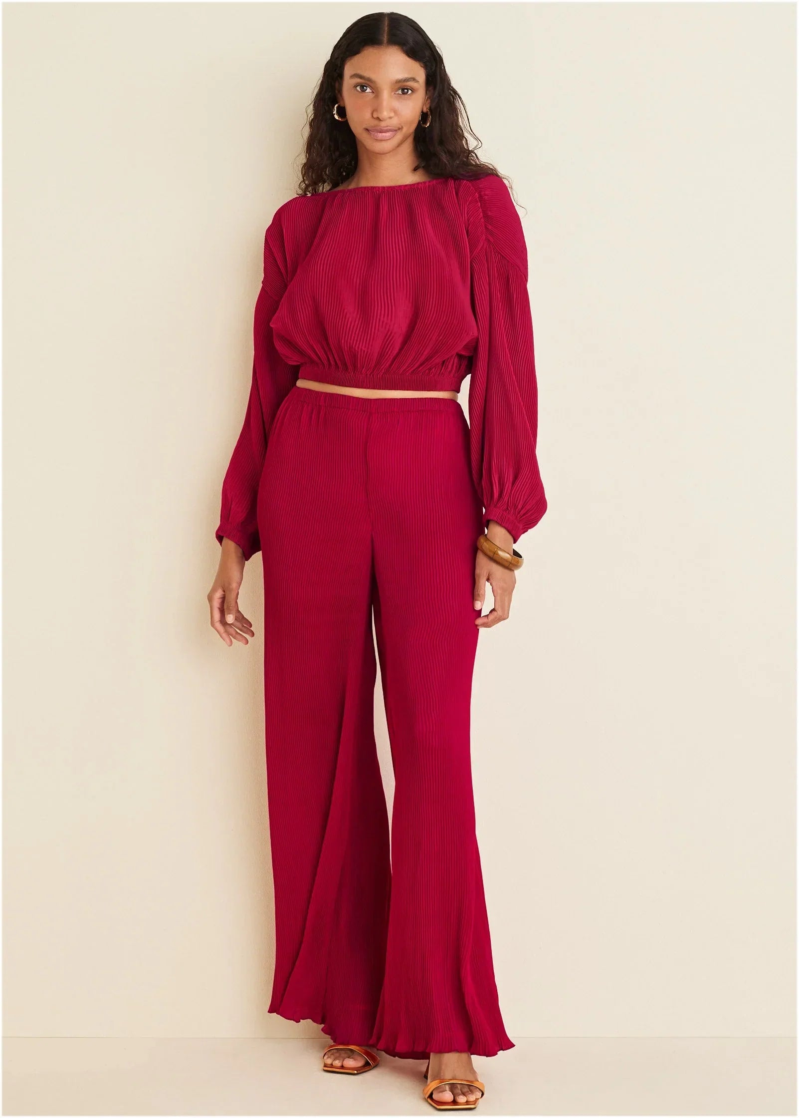 Plisse Wide Leg Pants Red