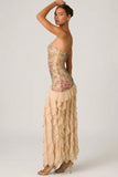 Embellished Ruffle Trim Strapless Gown in Rose Hotfix