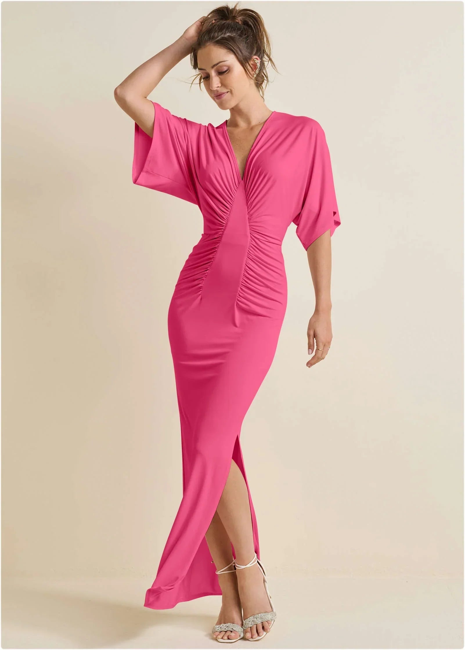 Drape Sleeve Maxi Dress Hot Pink