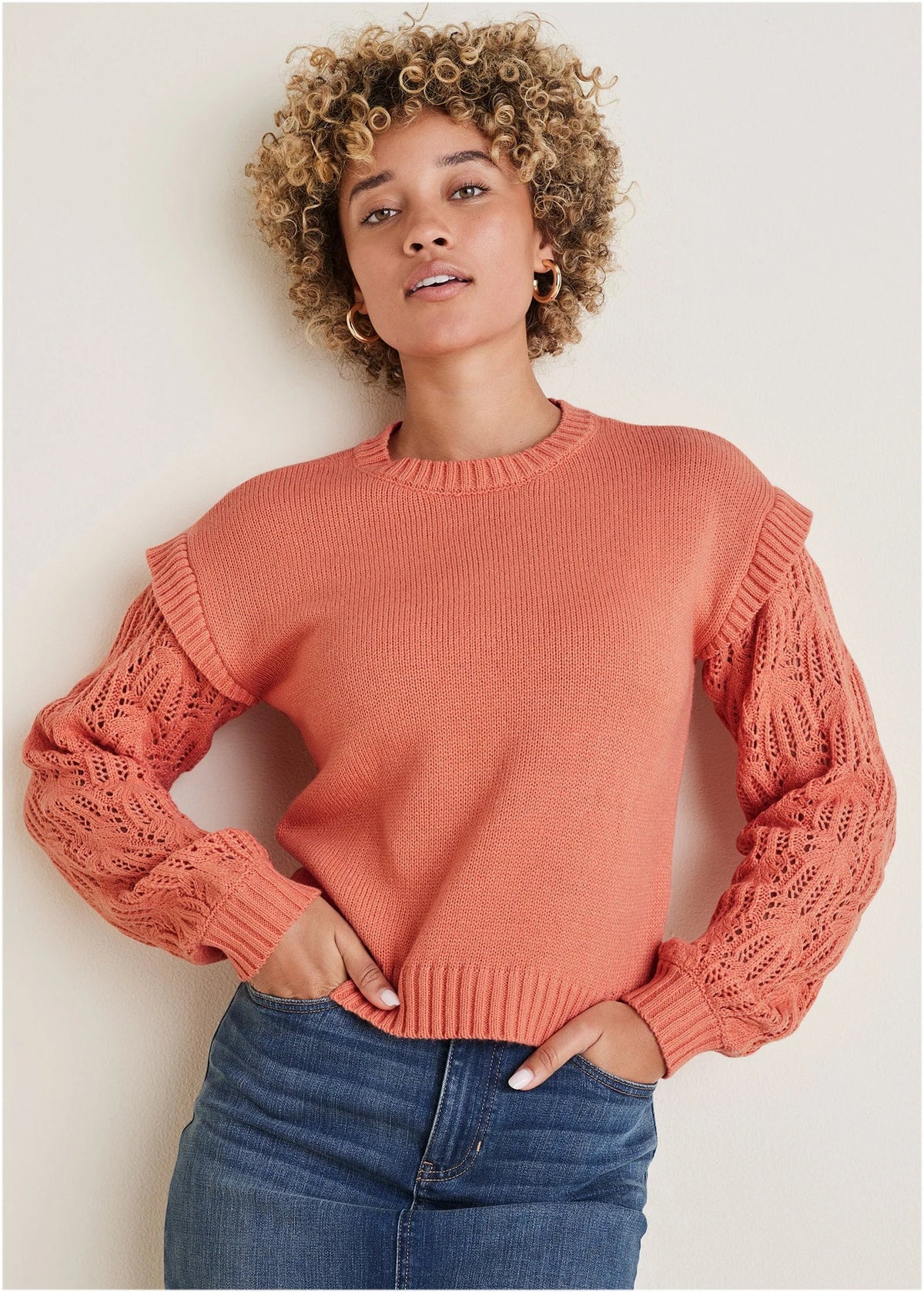 Pointelle Sleeve Crew Neck Burnt Coral