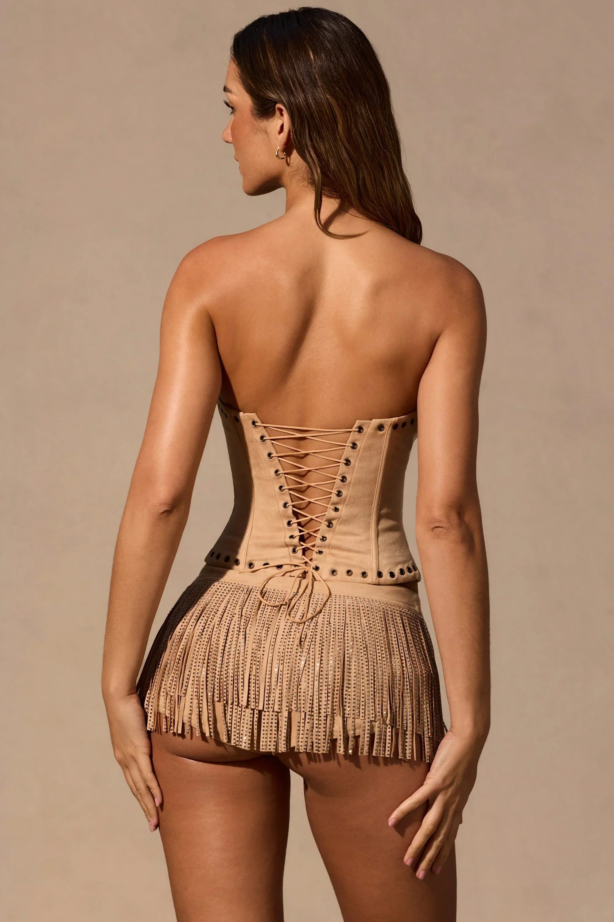 Fringed Low Rise Mini Shorts in Tan