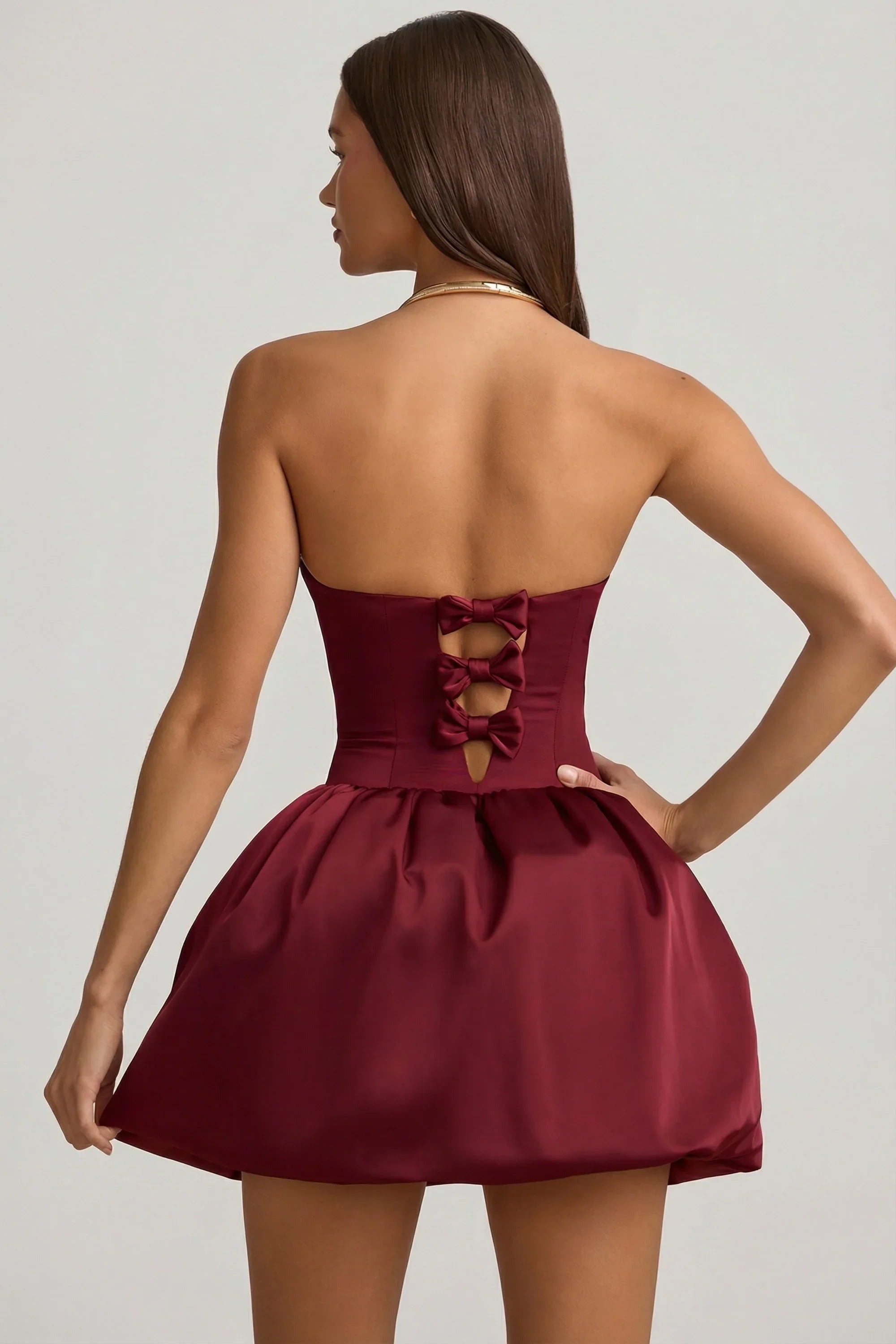 Convertible Bow Detail Bubble Hem Midaxi Dress in Wine Red