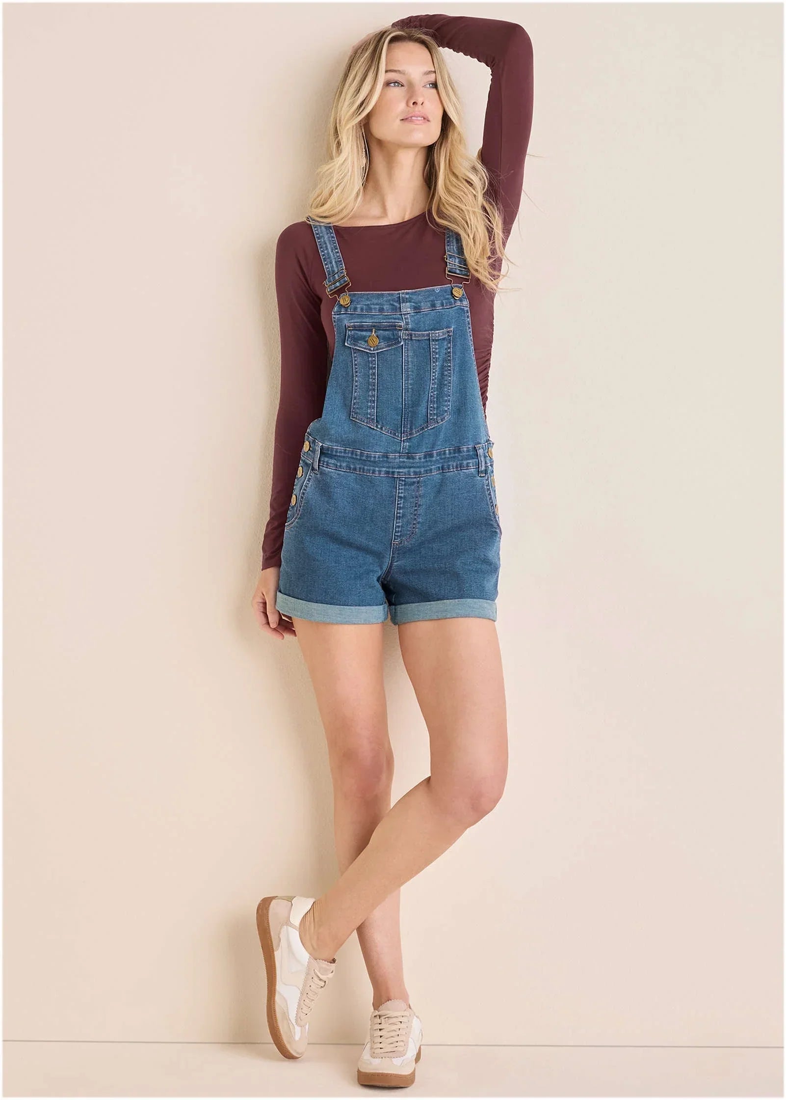 V Back Denim Overalls Medium Wash