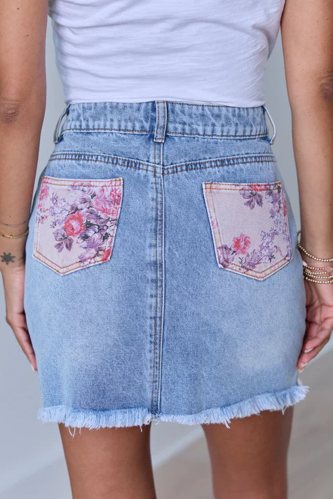 Addison Floral Inset Denim Mini Skirt