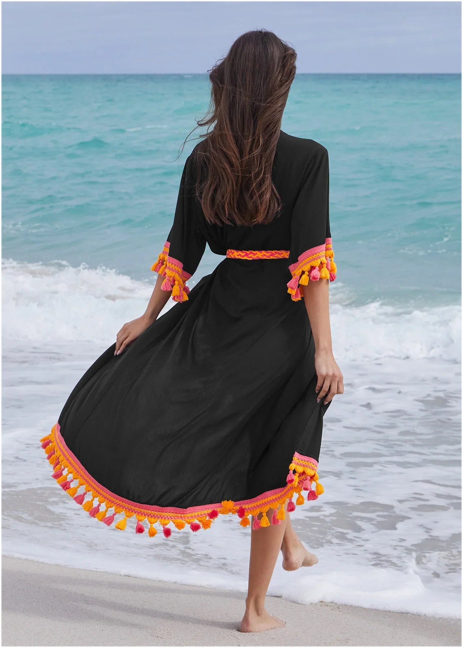 Colorful Crochet Kimono Jet Black