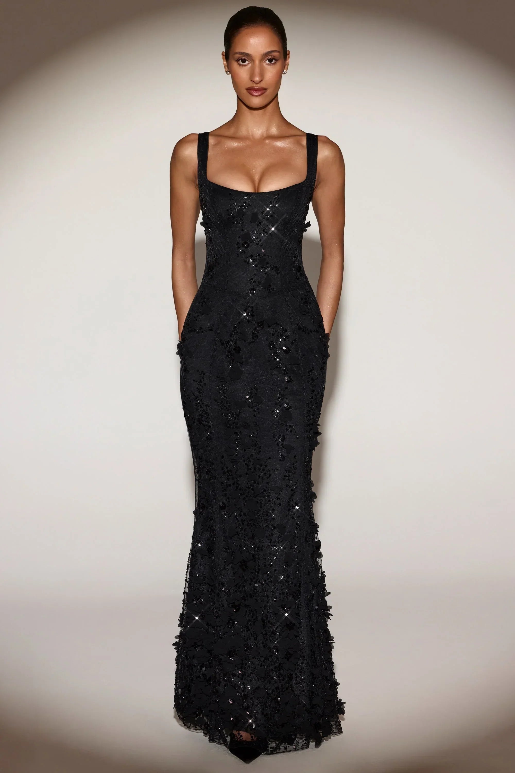 Embellished Appliqué Soft Scoop Corset Gown in Black