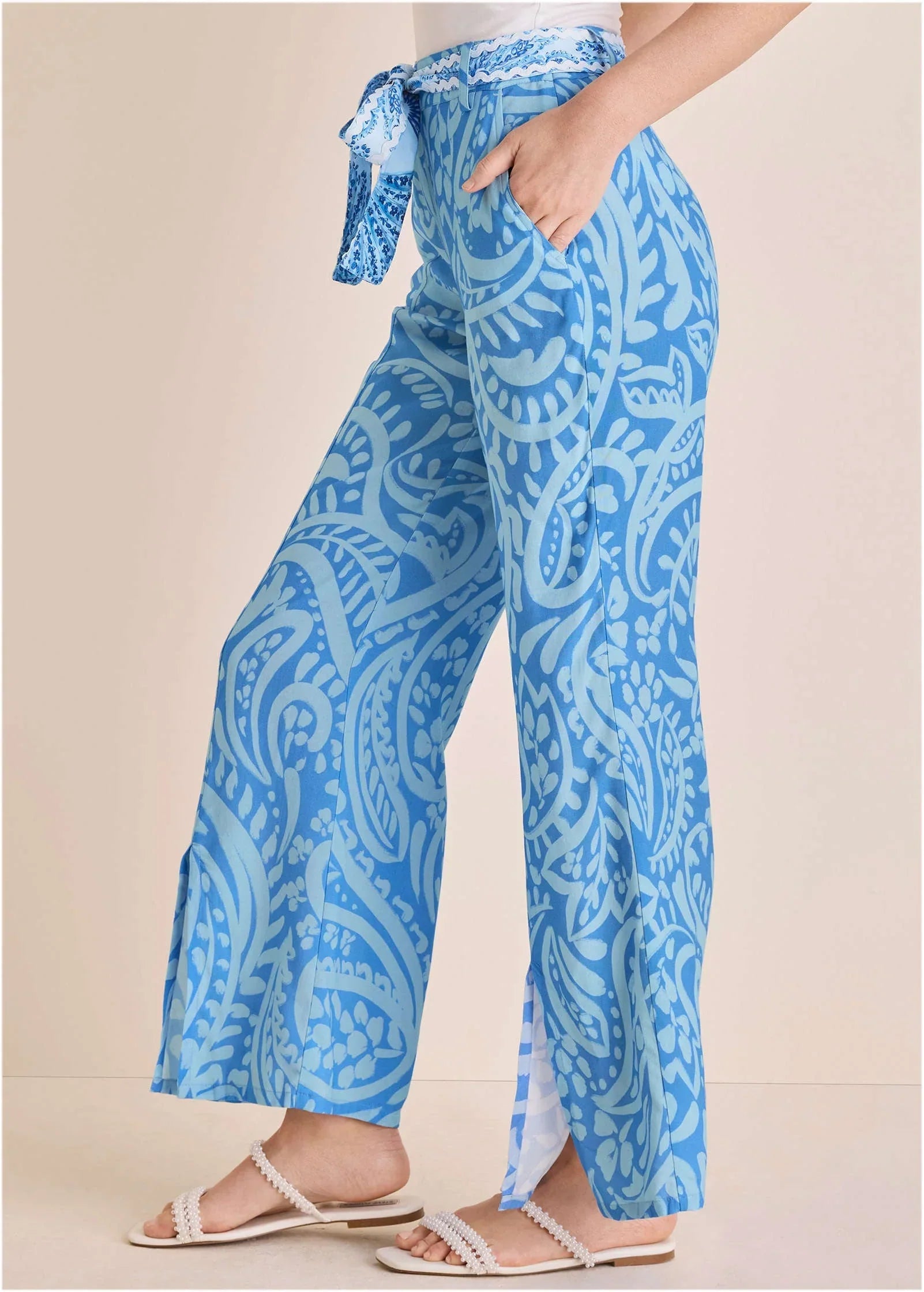 Front Slit Printed Pant Blue Allover Spring Paisley