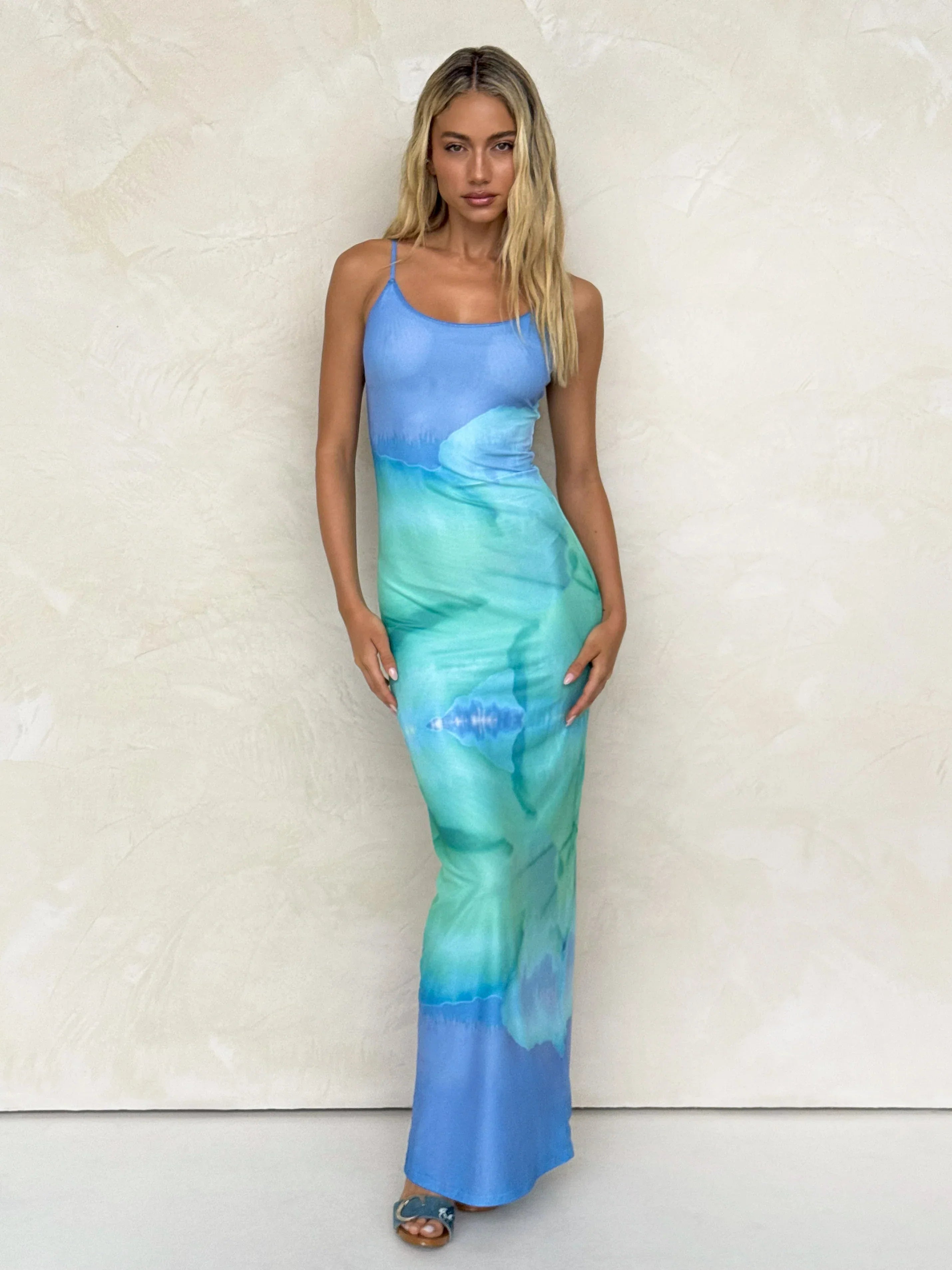 ARDON MAXI DRESS BLUE MACRO FLORAL BLUE HIBISCUS