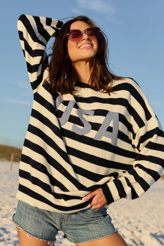 USA Navy And Ivory Striped Sweater