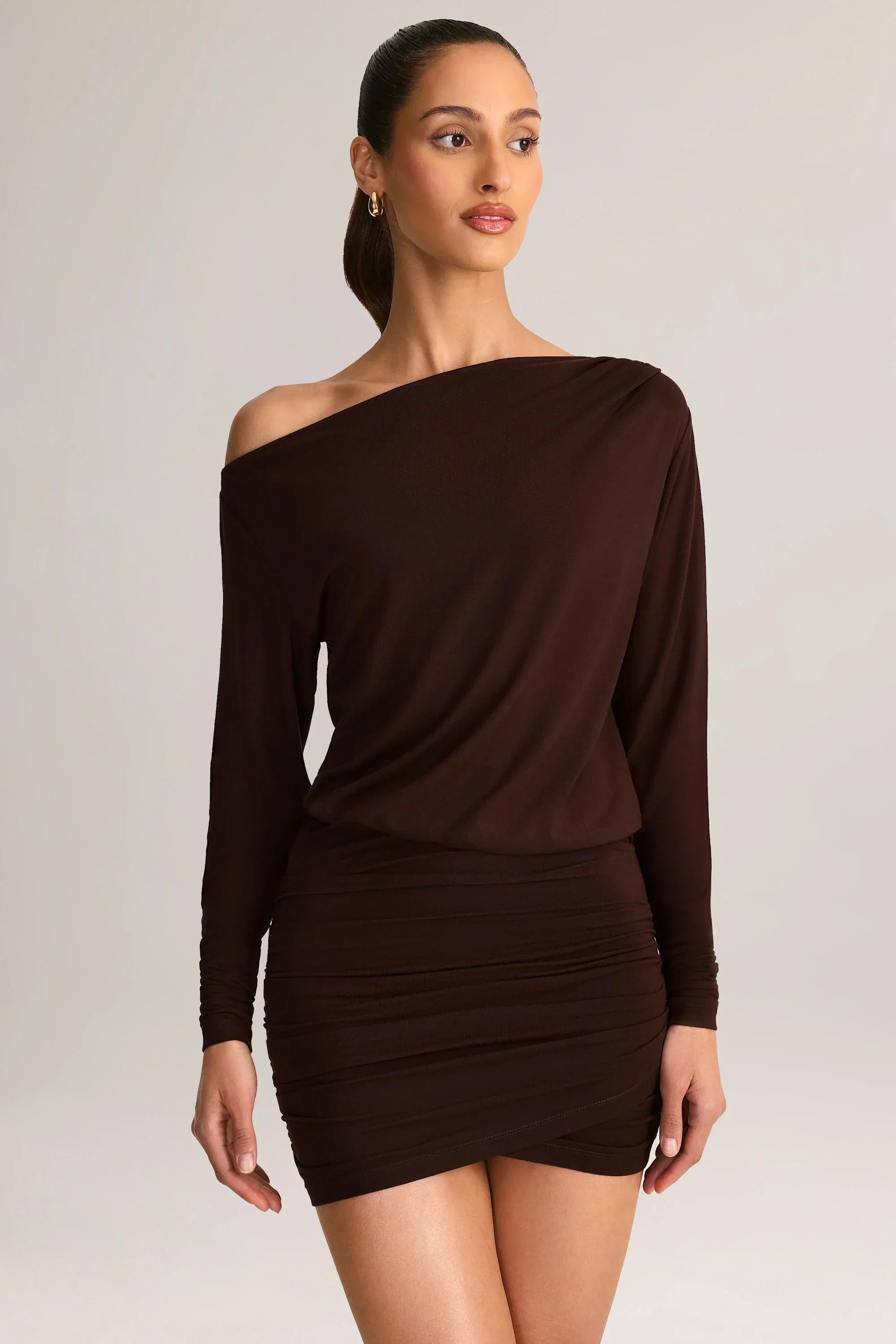 Modal Off Shoulder Wrap Mini Dress in Chocolate Brown