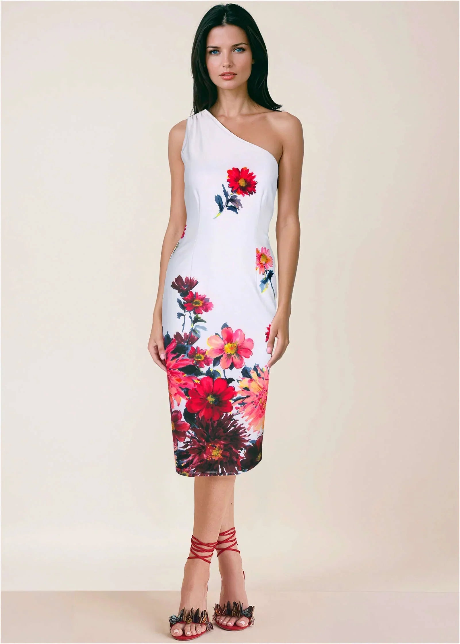 One Shoulder Scuba Dress Spring Dahlia Border
