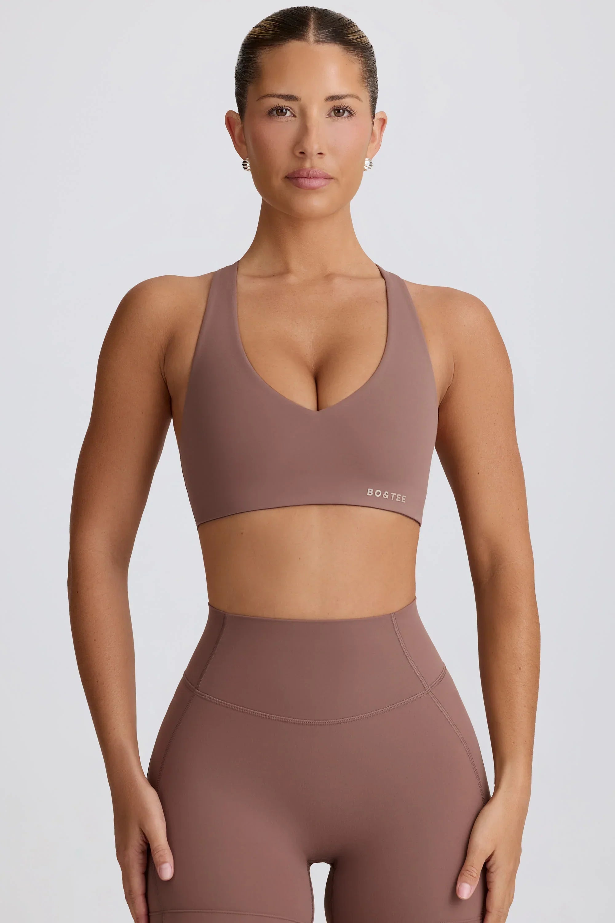Soft Active V Neck Sports Bra in Mocha