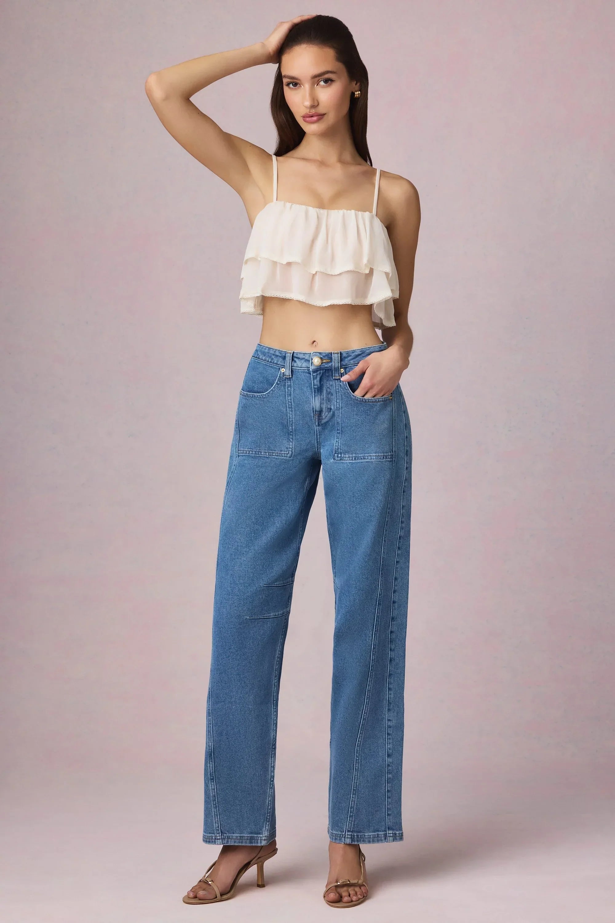 Mid Rise Barrel Leg Jeans in Mid Blue Wash