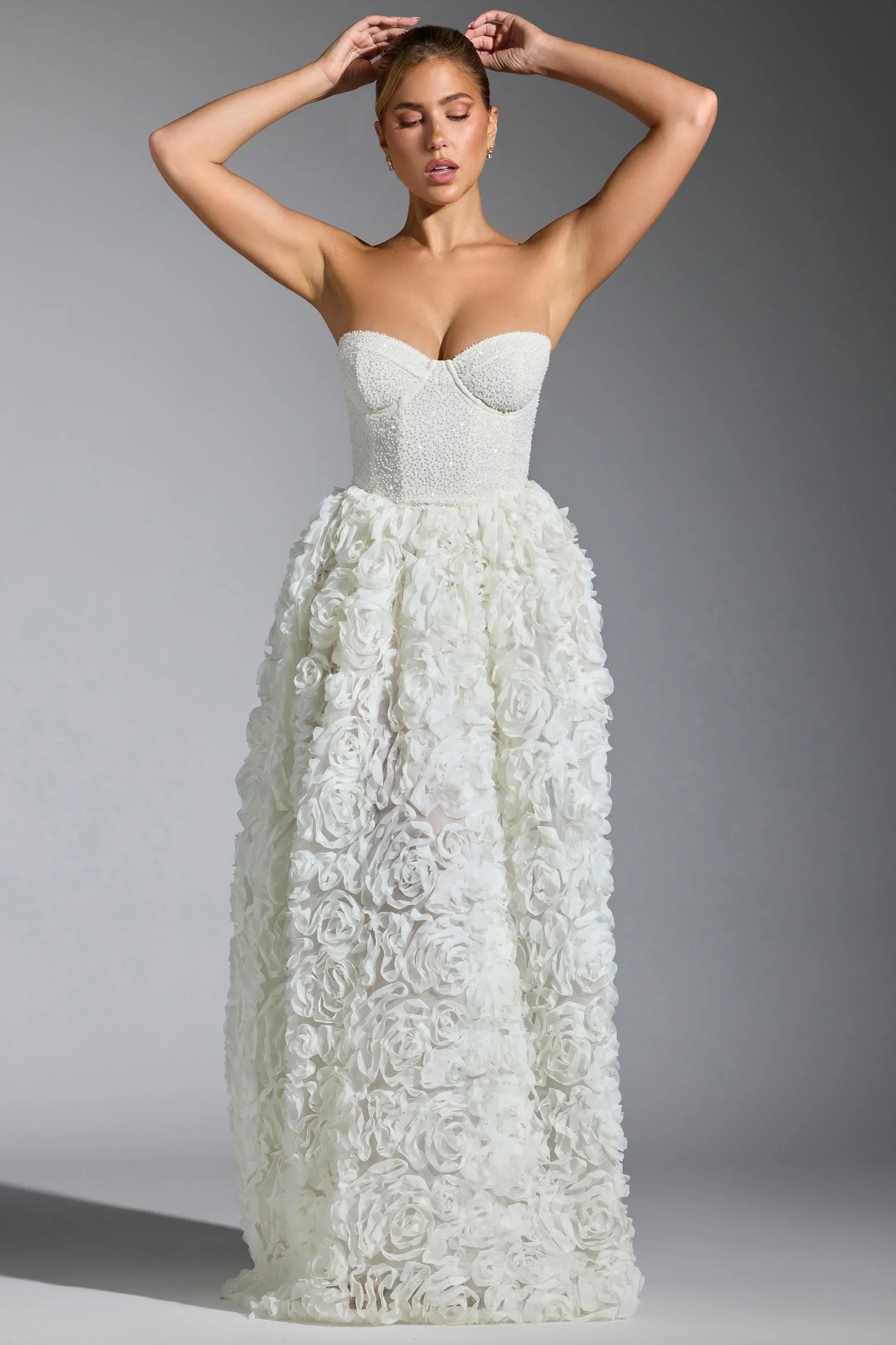 Embellished Floral Appliqué Corset Gown in White