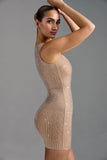 Embellished Square Neck Mini Dress in Almond