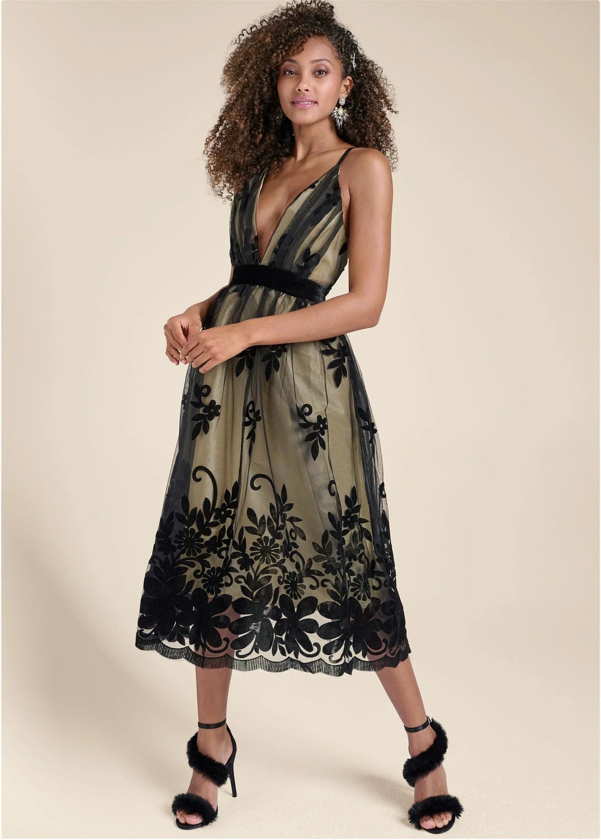 Velvet Floral Midi Dress Black Nude